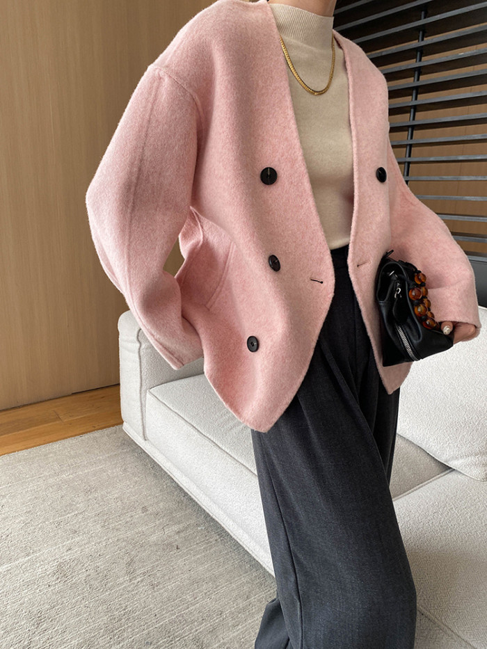 [EAM] Beige Double Breasted Big Size Woolen Coat New V-neck Long Sleeve Women Jacket Fashion Tide Autumn Winter 2024 1DH7364