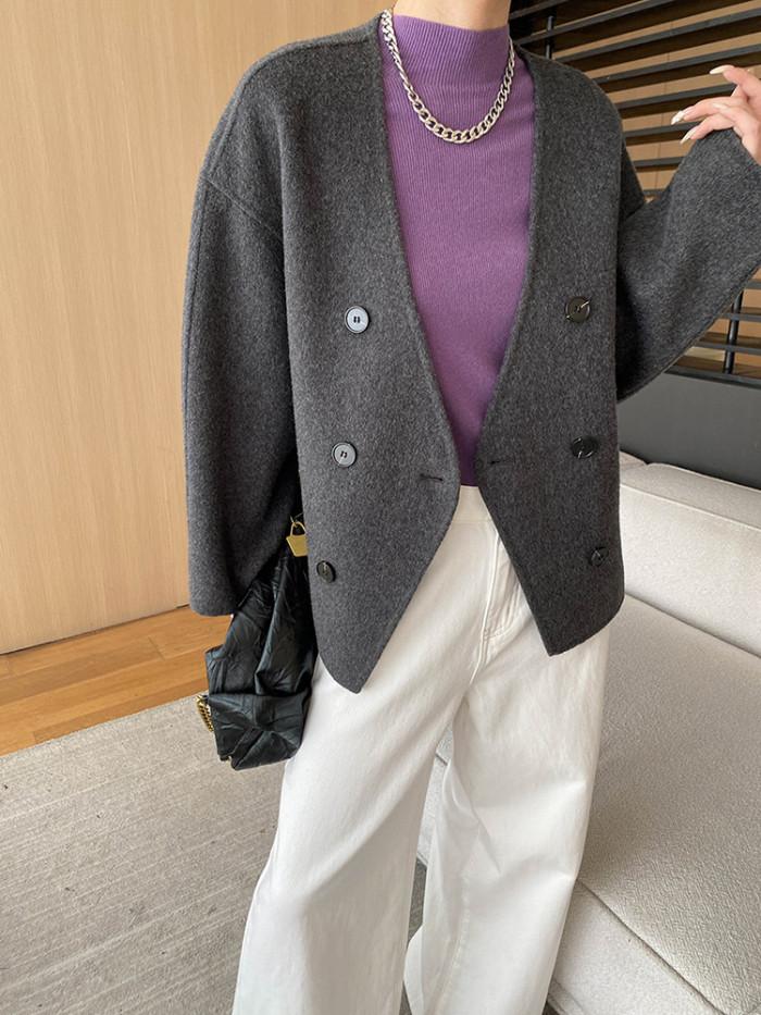 [EAM] Beige Double Breasted Big Size Woolen Coat New V-neck Long Sleeve Women Jacket Fashion Tide Autumn Winter 2024 1DH7364