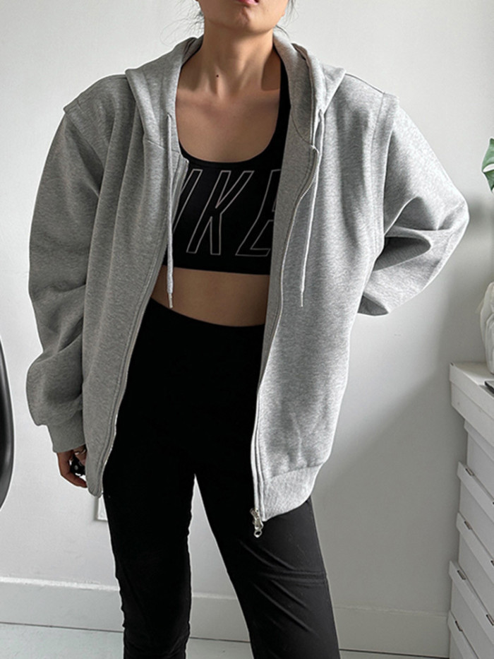 [EAM] Loose Fit Gray Double Zipper Big Size Jacket New Hooded Long Sleeve Women Coat Fashion Tide Spring Autumn 2024 1DH2632
