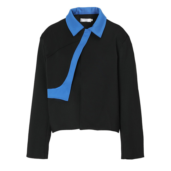 [EAM] Loose Fit Black Color-block Big Size Jacket New Lapel Long Sleeve Women Coat Fashion Tide Spring Autumn 2024 1DF3060