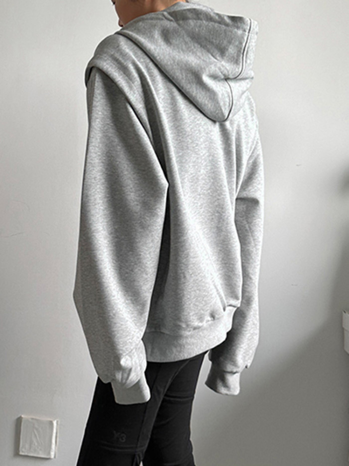 [EAM] Loose Fit Gray Double Zipper Big Size Jacket New Hooded Long Sleeve Women Coat Fashion Tide Spring Autumn 2024 1DH2632