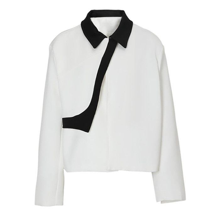 [EAM] Loose Fit Black Color-block Big Size Jacket New Lapel Long Sleeve Women Coat Fashion Tide Spring Autumn 2024 1DF3060