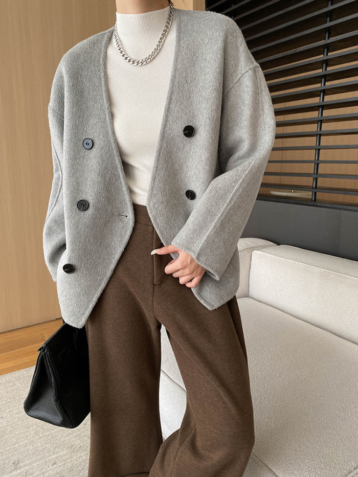 [EAM] Beige Double Breasted Big Size Woolen Coat New V-neck Long Sleeve Women Jacket Fashion Tide Autumn Winter 2024 1DH7364