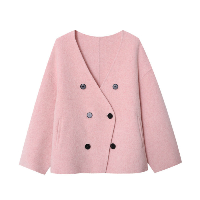 [EAM] Beige Double Breasted Big Size Woolen Coat New V-neck Long Sleeve Women Jacket Fashion Tide Autumn Winter 2024 1DH7364