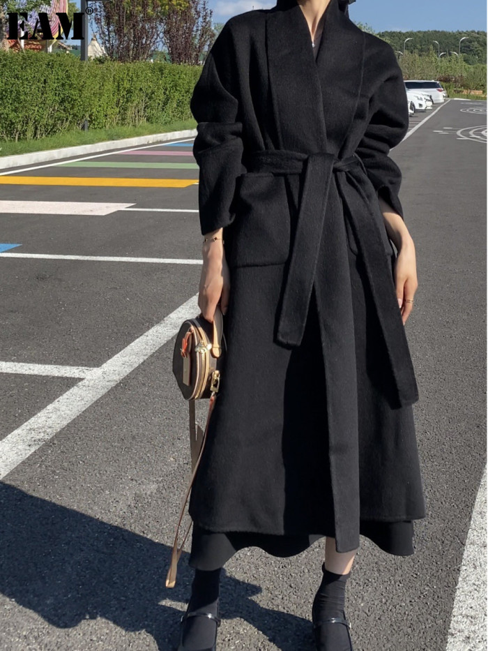 {EAM} Bathrobe belt temperament lazy 100 long double-sided wool coat wool autumn and winter 25 new Korean ins style DLZ336