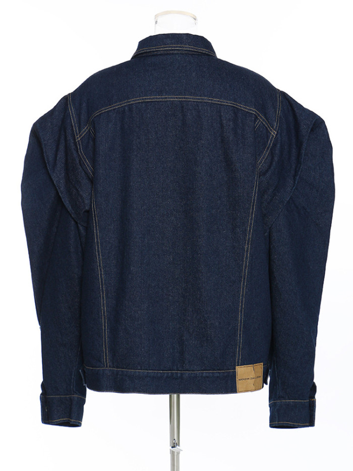 [EAM] Navy Blue Denim Thick Big Size Warm Jacket New Lapel Long Sleeve Women Coat Fashion Tide Autumn Winter 2024 1DH4508