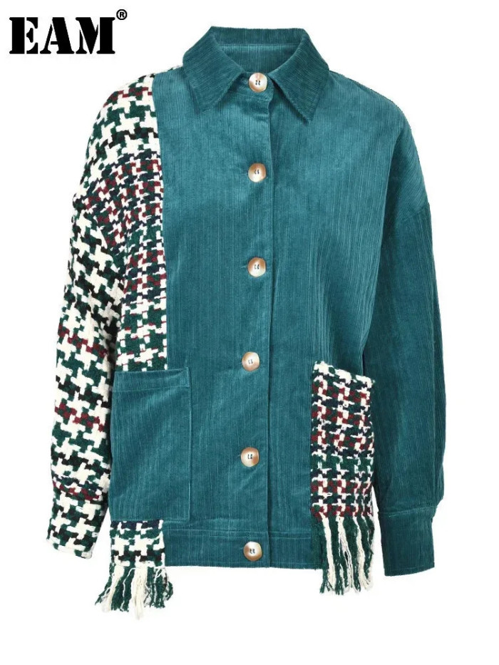 [EAM] Loose Fit Green Tweed Big Size Irregular  Jacket New Lapel Long Sleeve Women Coat Fashion Spring Autumn 2024 1DF202206