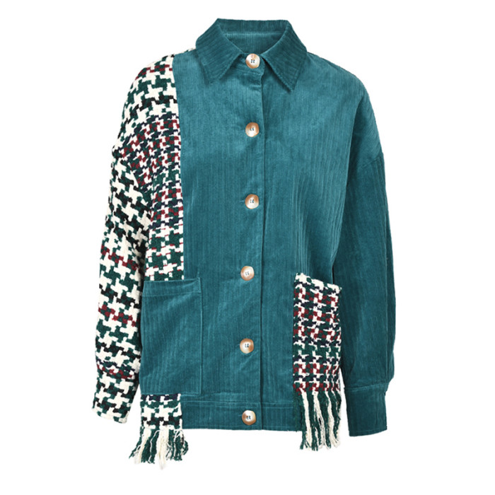[EAM] Loose Fit Green Tweed Big Size Irregular  Jacket New Lapel Long Sleeve Women Coat Fashion Spring Autumn 2024 1DF202206
