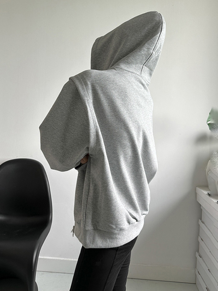 [EAM] Loose Fit Gray Double Zipper Big Size Jacket New Hooded Long Sleeve Women Coat Fashion Tide Spring Autumn 2024 1DH2632