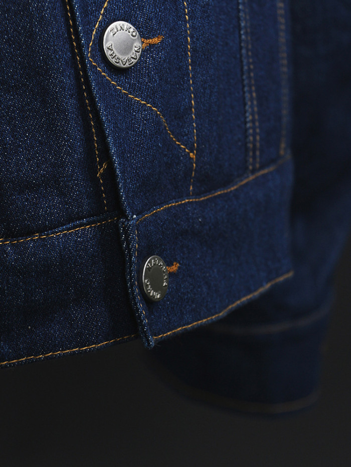 [EAM] Navy Blue Denim Thick Big Size Warm Jacket New Lapel Long Sleeve Women Coat Fashion Tide Autumn Winter 2024 1DH4508
