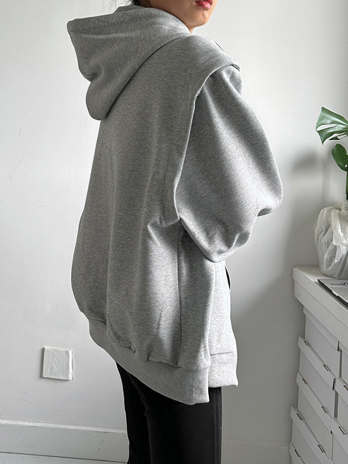 [EAM] Loose Fit Gray Double Zipper Big Size Jacket New Hooded Long Sleeve Women Coat Fashion Tide Spring Autumn 2024 1DH2632