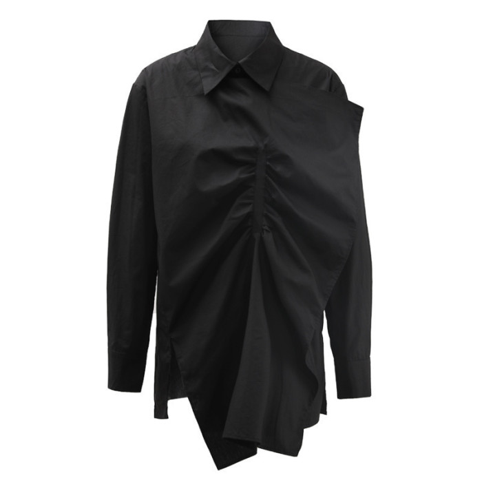 [EAM] Women Black Irregular Pleated Big Size Elegant Blouse New Lapel Long Sleeve Shirt Fashion Tide Spring Autumn 2024 CPDB184