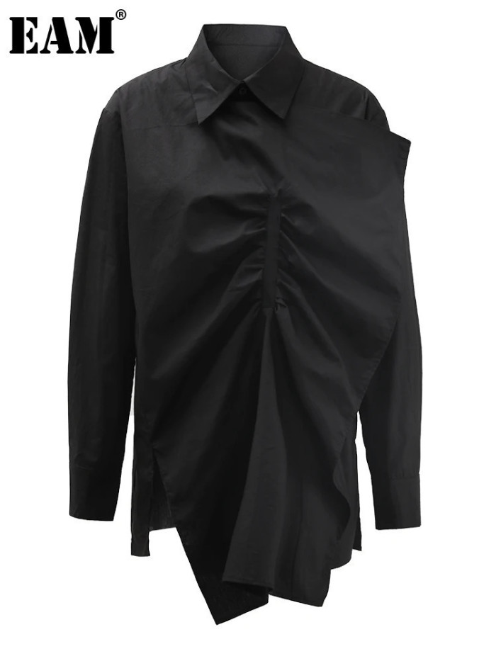 [EAM] Women Black Irregular Pleated Big Size Elegant Blouse New Lapel Long Sleeve Shirt Fashion Tide Spring Autumn 2024 CPDB184