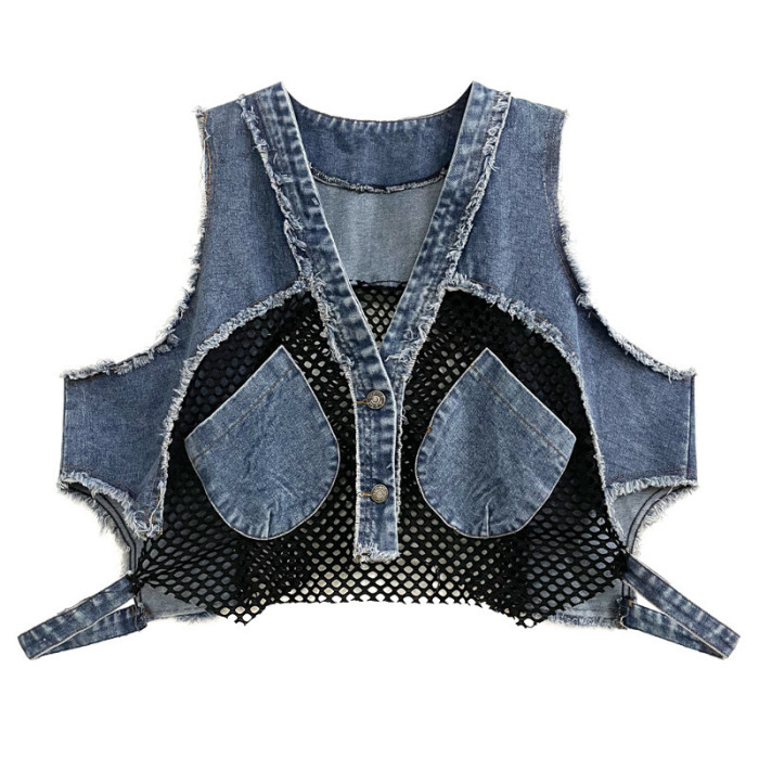[EAM] Big Size Denim Vest Wide Leg Pants Two Piece Suit New V-Neck Sleeveless Women Fashion Tide Spring Autumn 2024 1DH8289