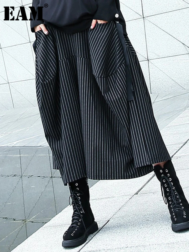 [EAM] High Elastic Waist Black Striped Long Wide Leg Casual Pants New Trousers Women Fashion Tide Spring Autumn 2024 1DH8290