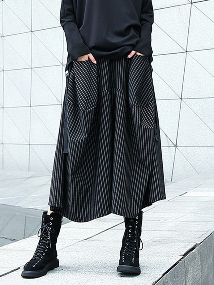 [EAM] High Elastic Waist Black Striped Long Wide Leg Casual Pants New Trousers Women Fashion Tide Spring Autumn 2024 1DH8290