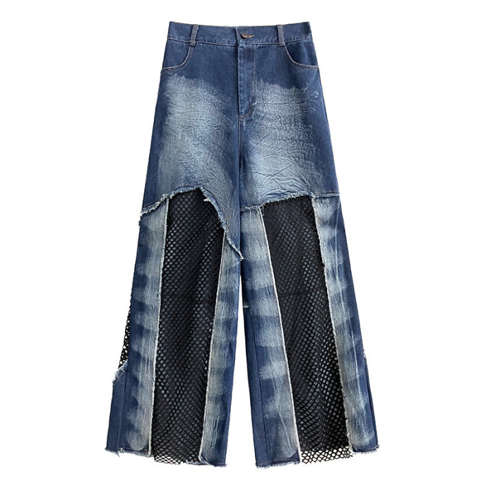 [EAM] Big Size Denim Vest Wide Leg Pants Two Piece Suit New V-Neck Sleeveless Women Fashion Tide Spring Autumn 2024 1DH8289