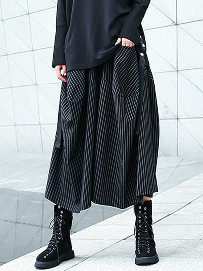 [EAM] High Elastic Waist Black Striped Long Wide Leg Casual Pants New Trousers Women Fashion Tide Spring Autumn 2024 1DH8290