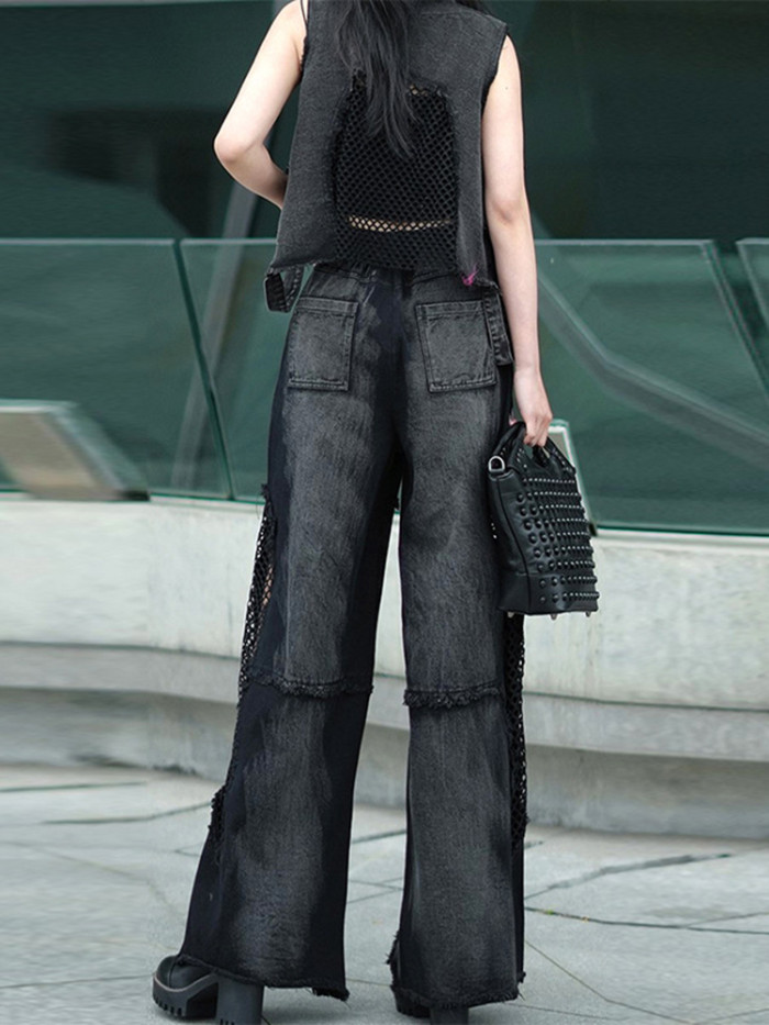 [EAM] Big Size Denim Vest Wide Leg Pants Two Piece Suit New V-Neck Sleeveless Women Fashion Tide Spring Autumn 2024 1DH8289