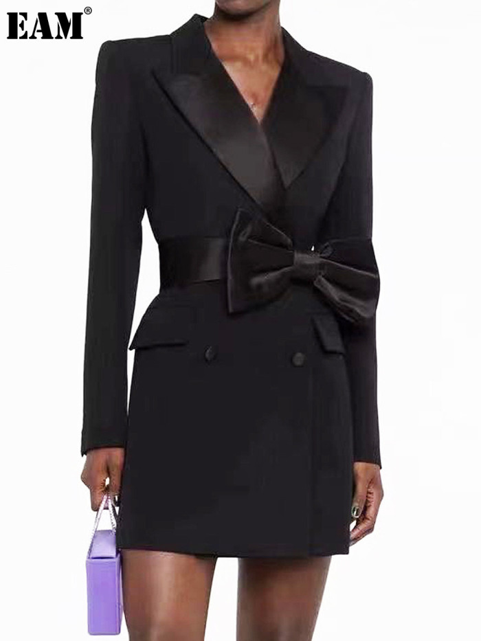 {EAM} Autumn and winter new fashion senior bow belt long sleeve slim temperament commuter women's suit dress DLZ379