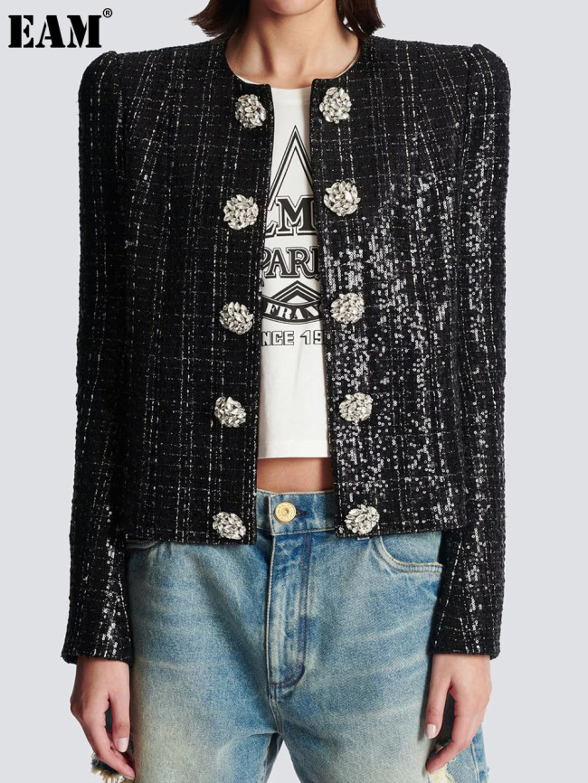 {EAM} 25 years spring and autumn new European and American fashion heavy sequined diamond high quality women's coat DLZ378