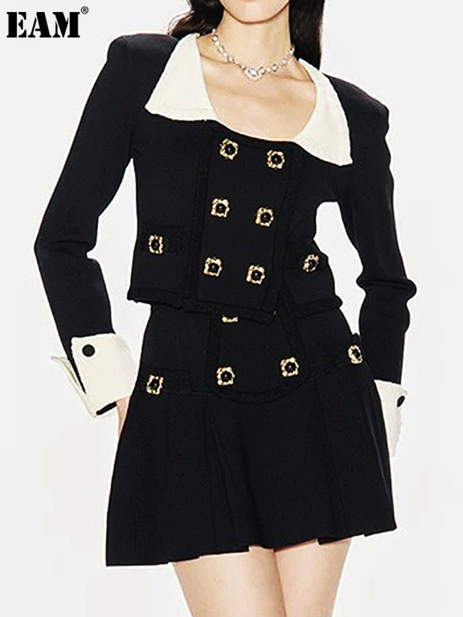 {EAM} Spring and autumn new quality knitted shirt long sleeve top small fragrance fashion sweater cardigan coat + skirt suit DLZ382