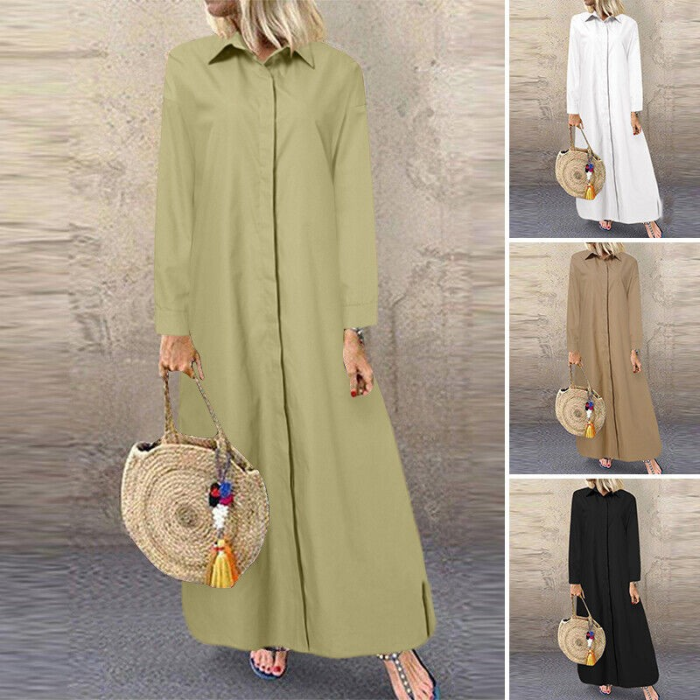 {EAM} 25 Europe and the United States fashion new solid color lapel long sleeve simple loose casual long shirt dress cardigan skirt DLZ404