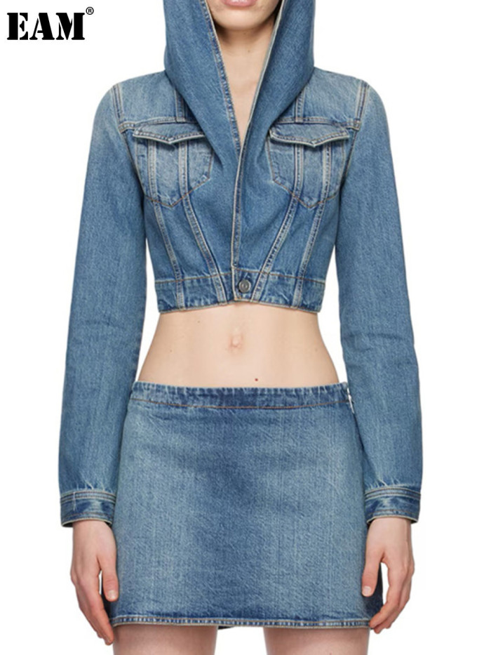 {EAM} European high-end quality dune exotic style short denim hooded jacket jacket suit skirt DLZ397