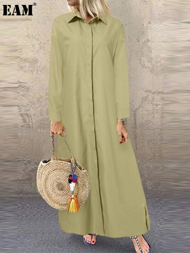 {EAM} 25 Europe and the United States fashion new solid color lapel long sleeve simple loose casual long shirt dress cardigan skirt DLZ404