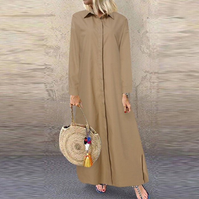 {EAM} 25 Europe and the United States fashion new solid color lapel long sleeve simple loose casual long shirt dress cardigan skirt DLZ404