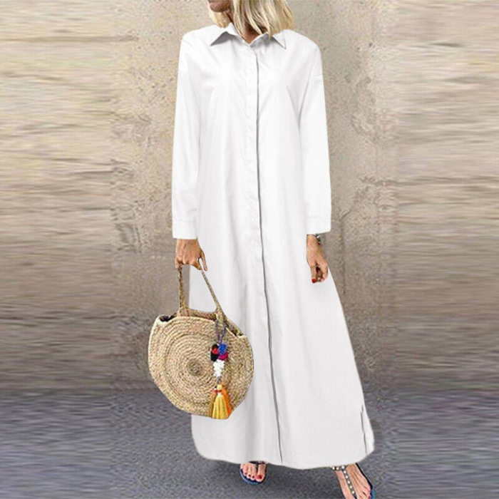 {EAM} 25 Europe and the United States fashion new solid color lapel long sleeve simple loose casual long shirt dress cardigan skirt DLZ404