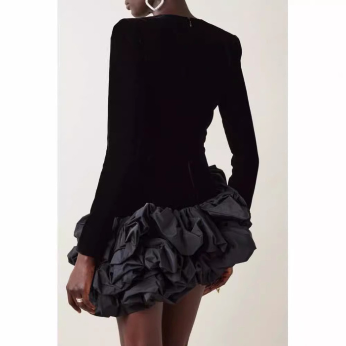 {EAM}Europe and the United States cross-border high-end new irregular temperament velvet patchwork cake skirt slimming dress bag buttock DLZ394