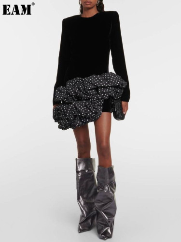 {EAM}Europe and the United States cross-border high-end new irregular temperament velvet patchwork cake skirt slimming dress bag buttock DLZ394