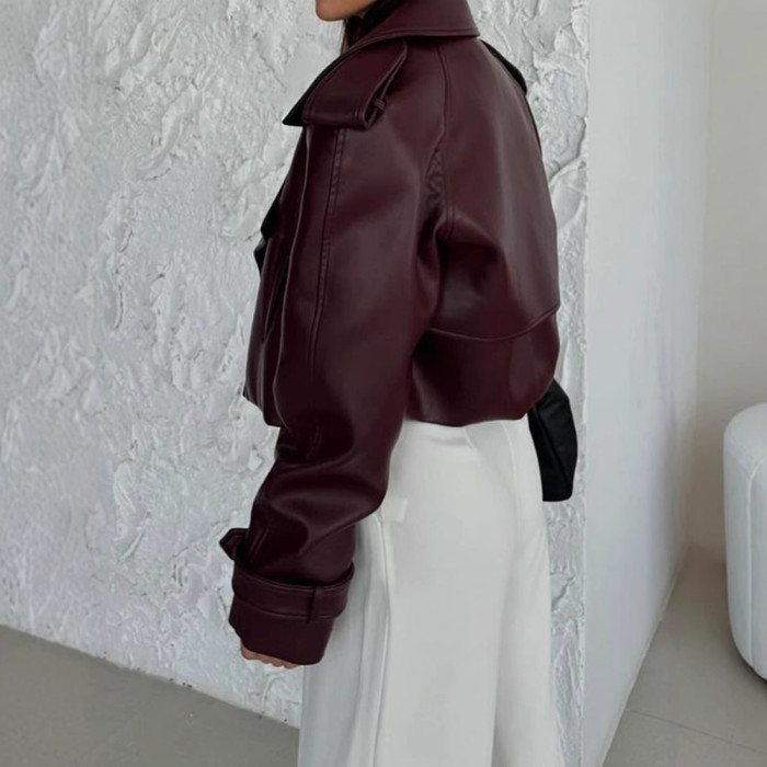 {EAM} Cross-border hot selling solid color lapel jacket short loose casual all fashion women's leather DLZ407