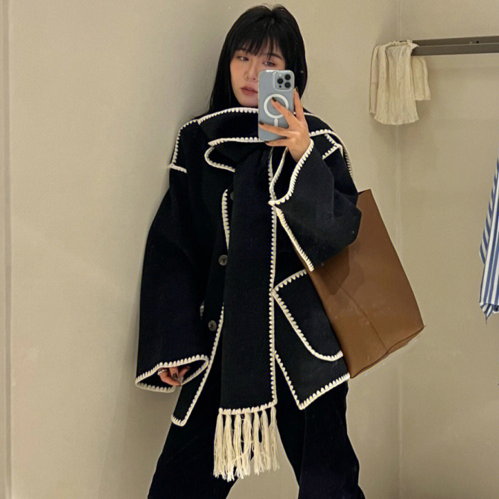 {EAM} 25 Spring/summer new double-sided Ni gray fringe scarf loose casual embroidered jacket jacket medium length DLZ405