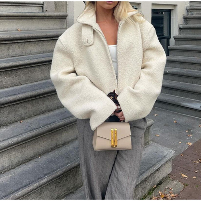 {EAM} Solid color lamb wool short coat Europe and the United States cross-border thickening autumn and winter warm comfortable casual eye-catching fashion coat DLZ420