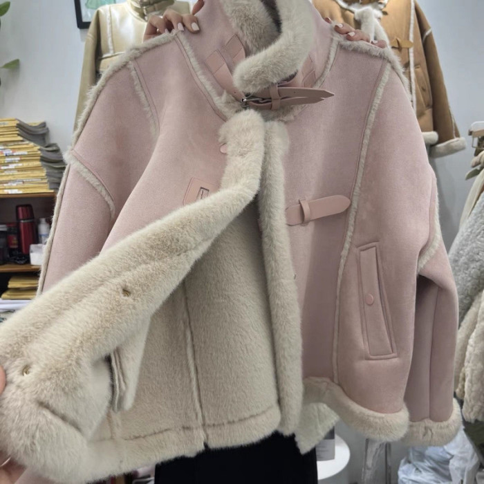 {EAM} Senior sense stand-up collar motorcycle coat women's winter with fleece thickened fur one lamb wool style blouse DLZ423