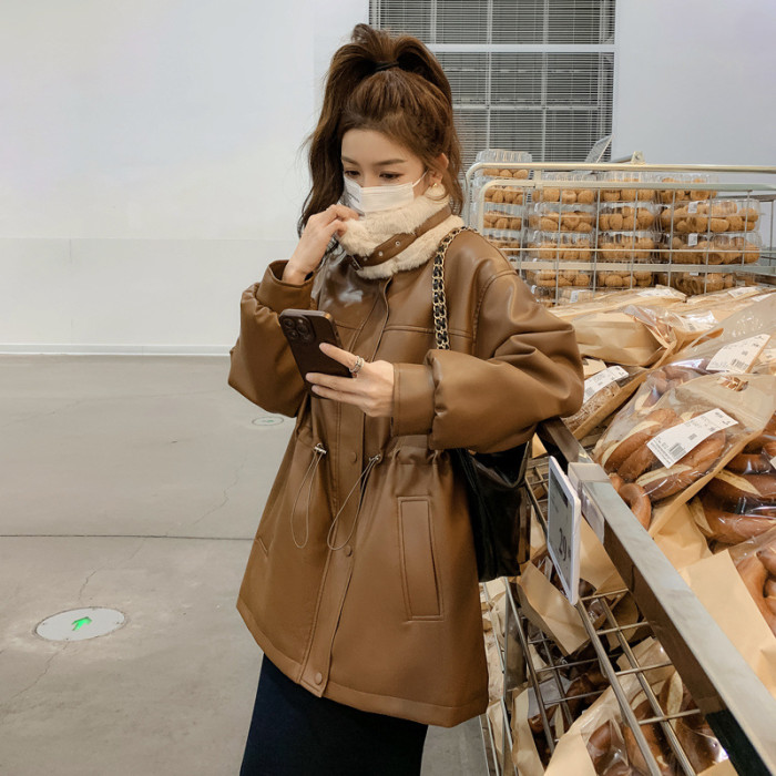 {EAM} Hong Kong vintage plus velvet thick leather coat to overcome the coat women's winter new coffee color cotton-padded jacket DLZ421