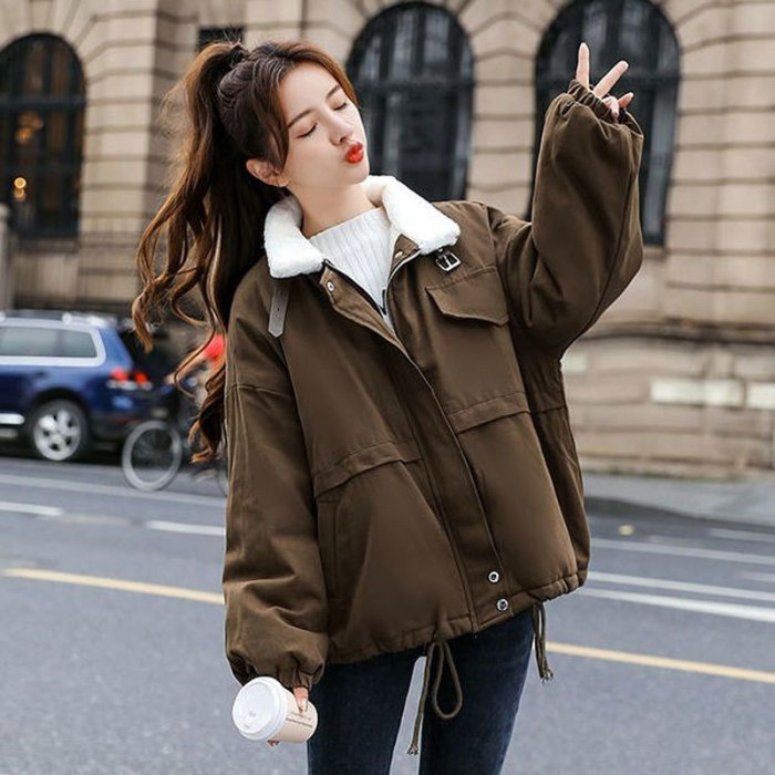 {EAM} Lamb wool cotton-padded women's winter plus cashmere thickening new Korean version of students loose to overcome cotton-padded coat DLZ422