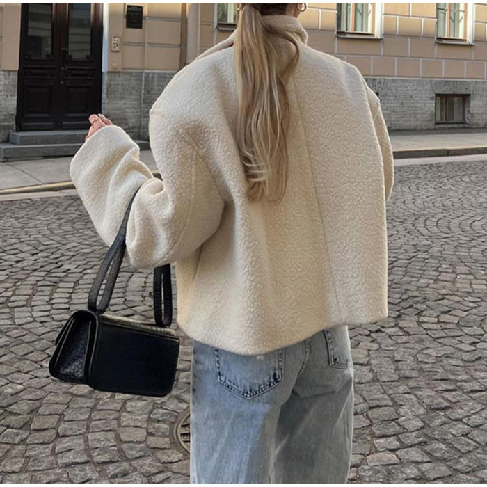 {EAM} Solid color lamb wool short coat Europe and the United States cross-border thickening autumn and winter warm comfortable casual eye-catching fashion coat DLZ420