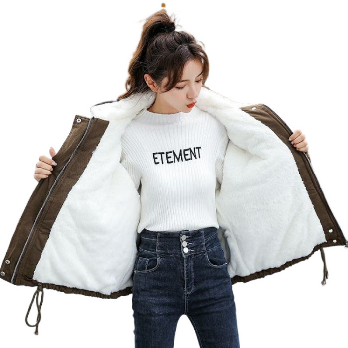 {EAM} Lamb wool cotton-padded women's winter plus cashmere thickening new Korean version of students loose to overcome cotton-padded coat DLZ422