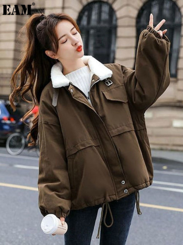 {EAM} Lamb wool cotton-padded women's winter plus cashmere thickening new Korean version of students loose to overcome cotton-padded coat DLZ422