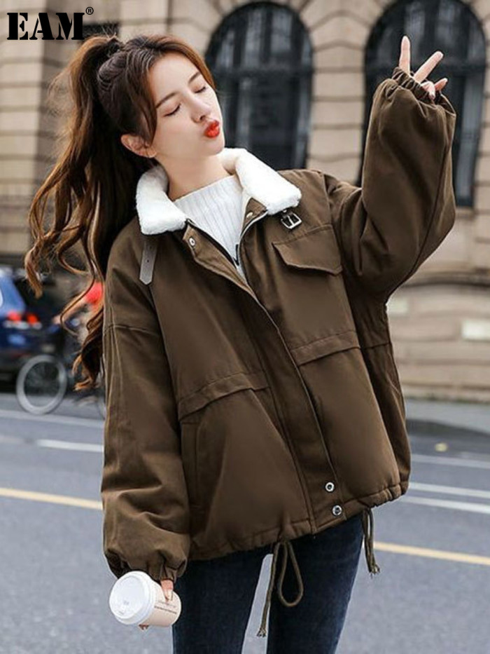 {EAM} Lamb wool cotton-padded women's winter plus cashmere thickening new Korean version of students loose to overcome cotton-padded coat DLZ422