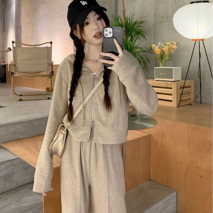 {EAM} Spring and autumn new milk velvet suit casual hoodie short coat straight leg casual pants two-piece set for women DLZ419