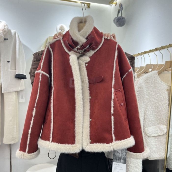 {EAM} Senior sense stand-up collar motorcycle coat women's winter with fleece thickened fur one lamb wool style blouse DLZ423
