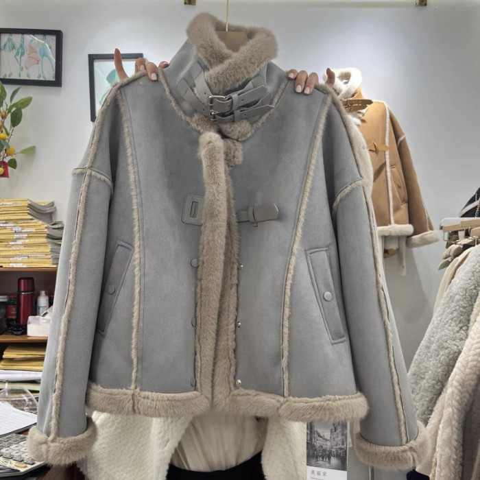{EAM} Senior sense stand-up collar motorcycle coat women's winter with fleece thickened fur one lamb wool style blouse DLZ423