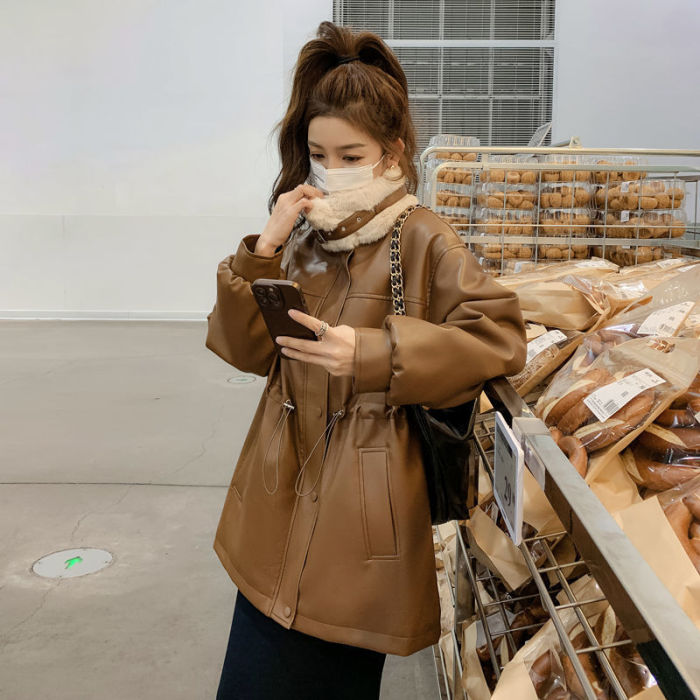 {EAM} Hong Kong vintage plus velvet thick leather coat to overcome the coat women's winter new coffee color cotton-padded jacket DLZ421