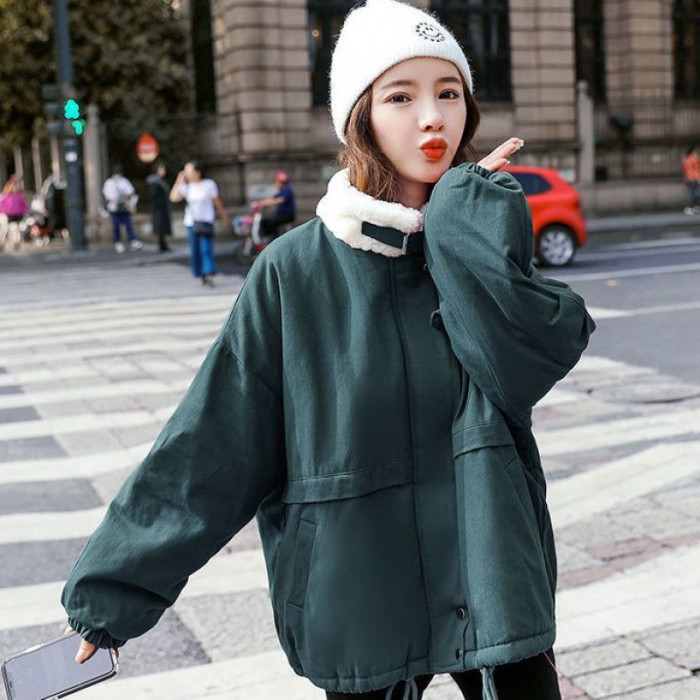{EAM} Lamb wool cotton-padded women's winter plus cashmere thickening new Korean version of students loose to overcome cotton-padded coat DLZ422