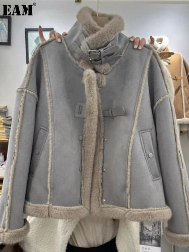 {EAM} Senior sense stand-up collar motorcycle coat women's winter with fleece thickened fur one lamb wool style blouse DLZ423