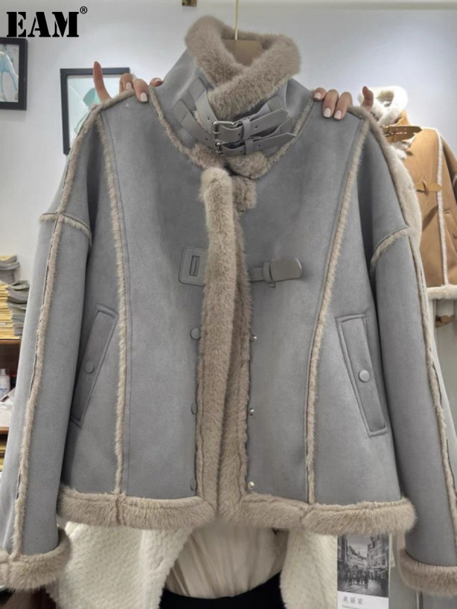 {EAM} Senior sense stand-up collar motorcycle coat women's winter with fleece thickened fur one lamb wool style blouse DLZ423
